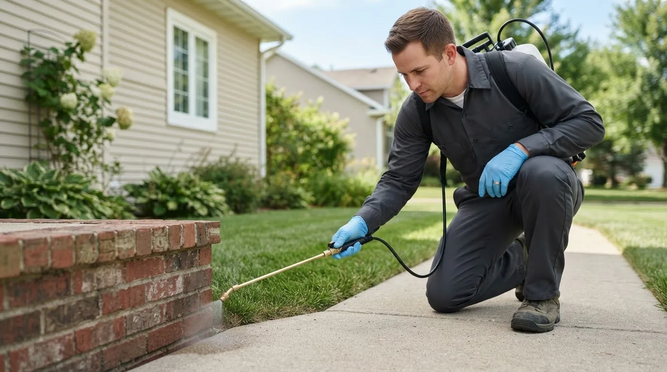 Pest control technician treating a home near Kinderhook, IL