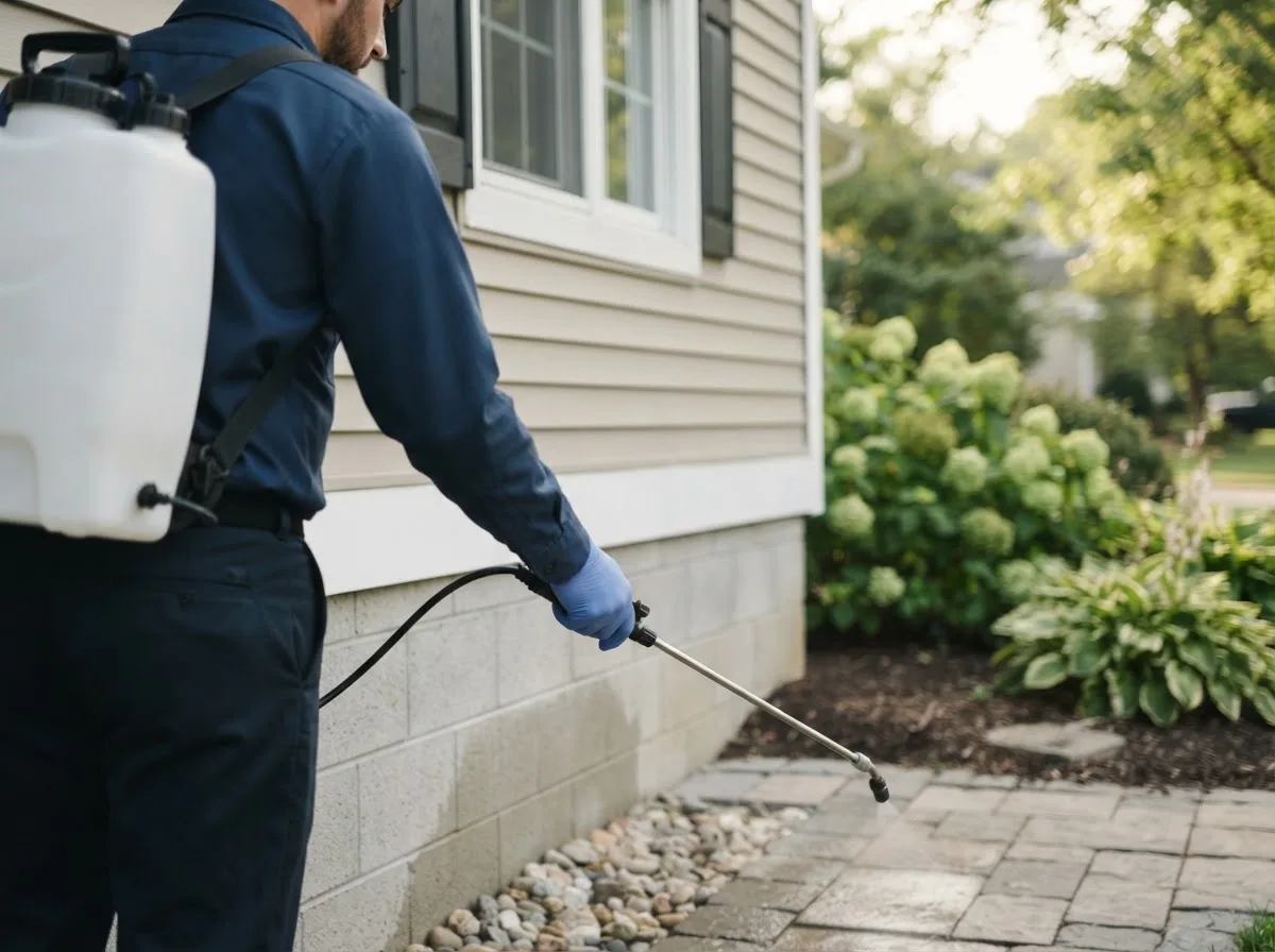 Pest control technician inspecting a home in Kinderhook, IL